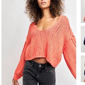 NWT FREE PEOPLE Sea Bright Watermelon Smile Chunky Sweater Pink Medium M